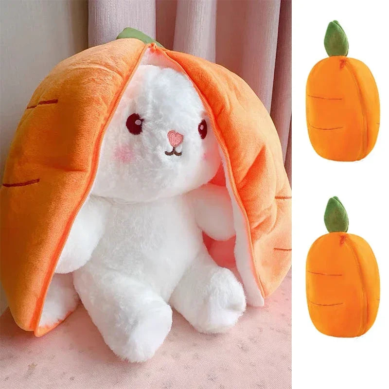 Soft white bunny plush wrapped in carrot blanket.
