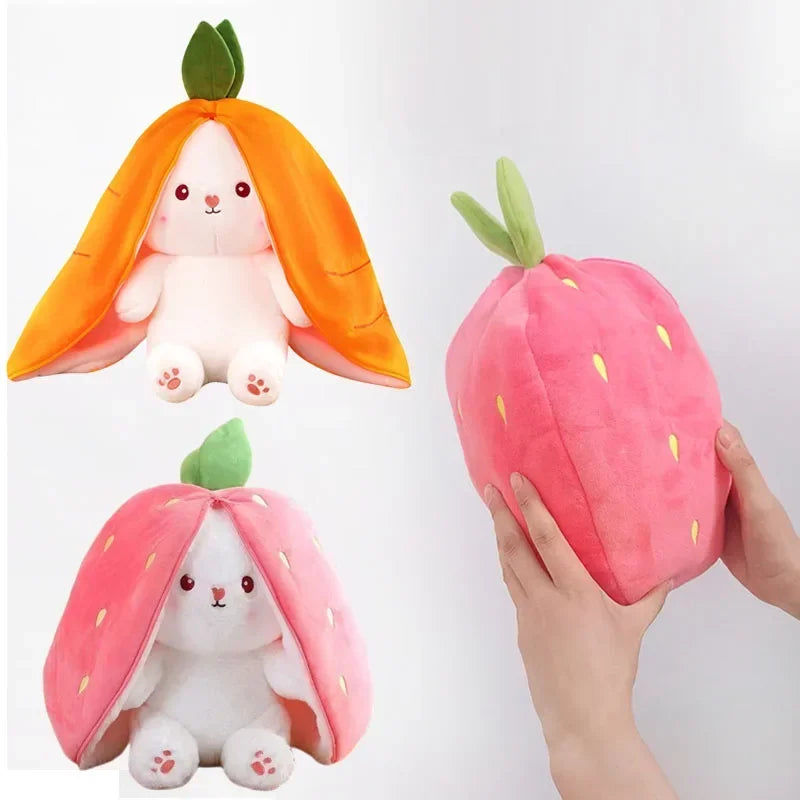 Cute white bunny plush with removable fruit hoods (carrot and strawberry).