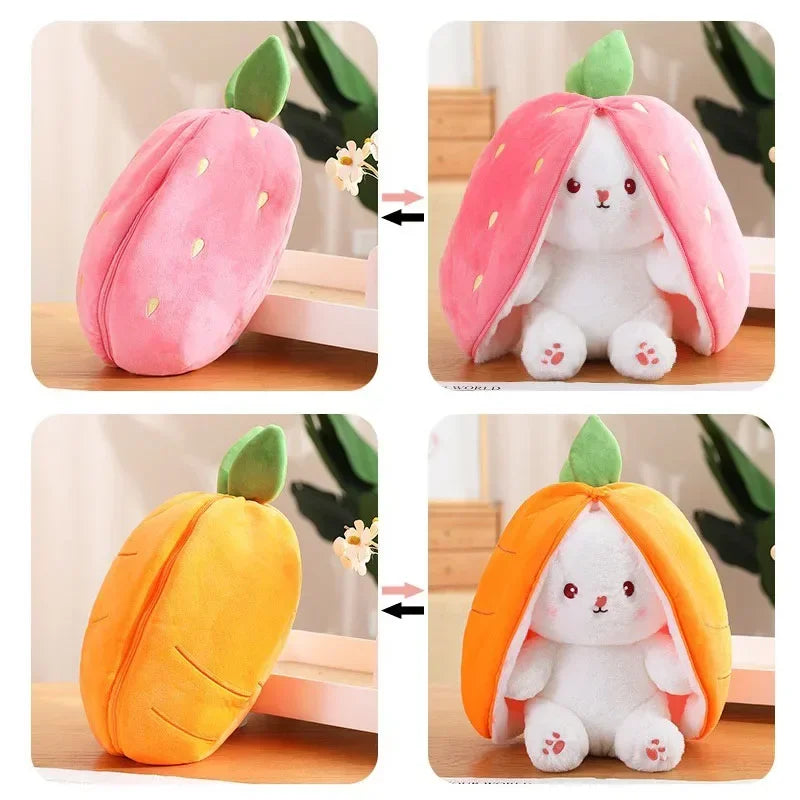 Plush bunny toy transforms from fruit cushion to stuffed animal.