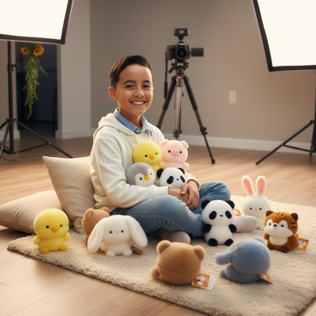 A comfortable boy smiling with 16cm little cuddle buddies from Sleepy Buddies Shop inside a studio.  