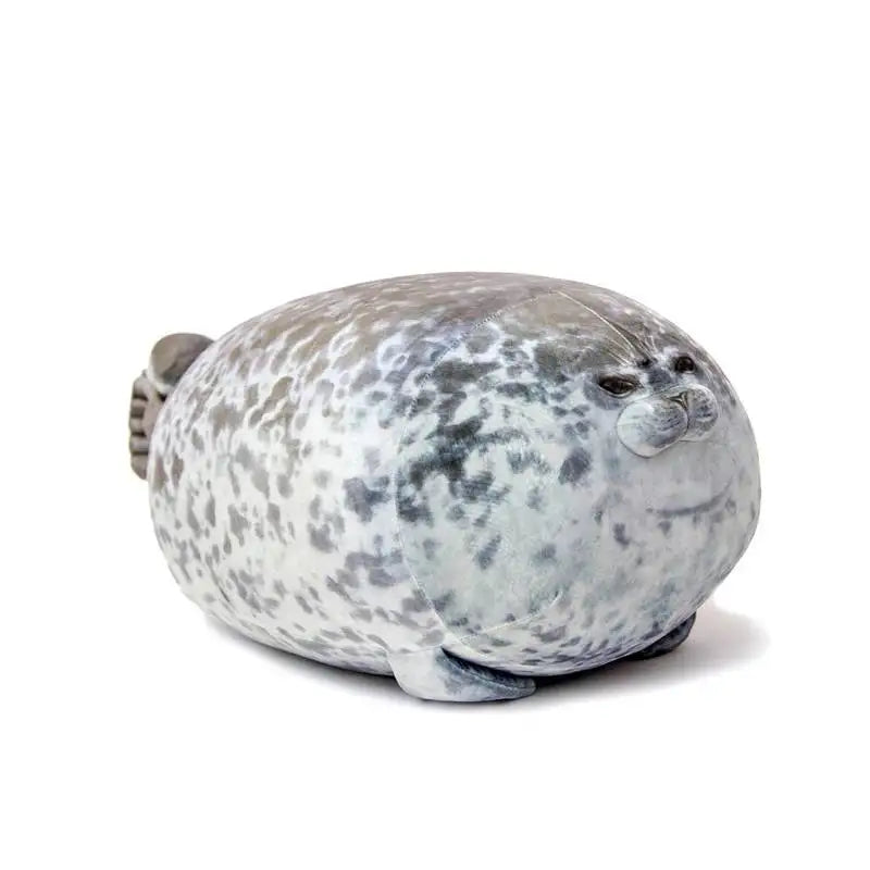 Sleepy Buddies chubby seal grey plush toy with spotted pattern on white background