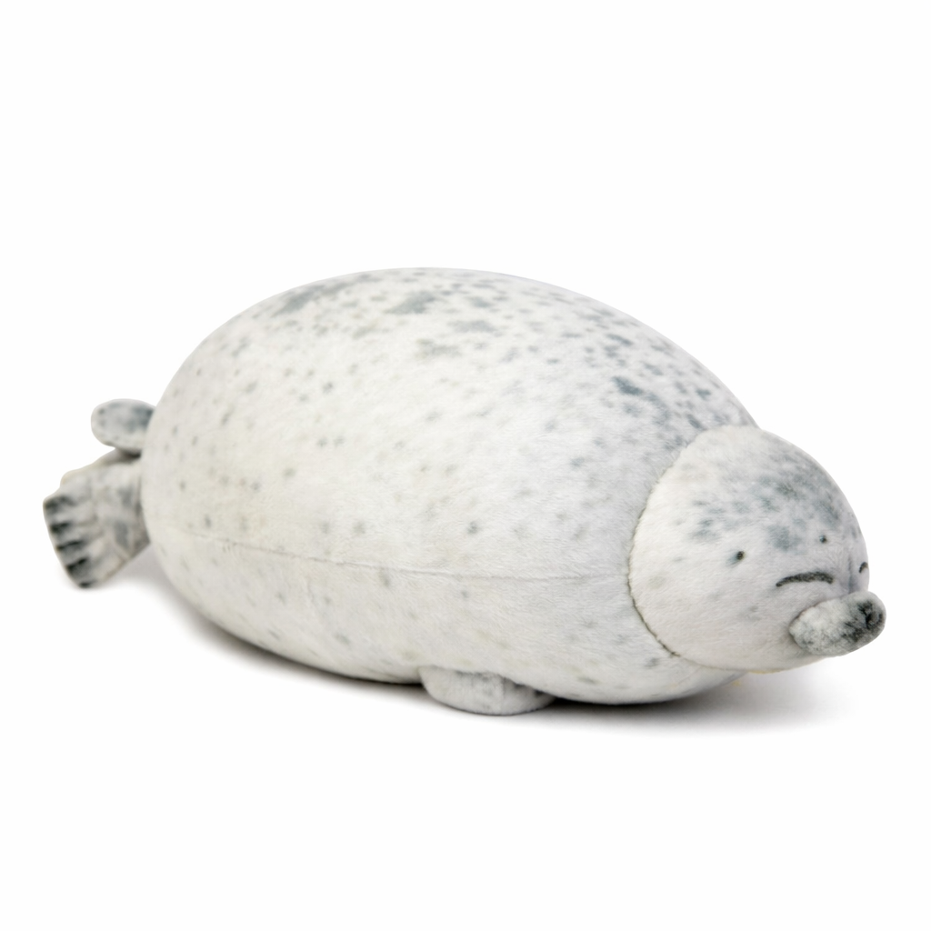 Sleepy Buddies chubby seal light grey plush toy with soft spotted pattern on white background