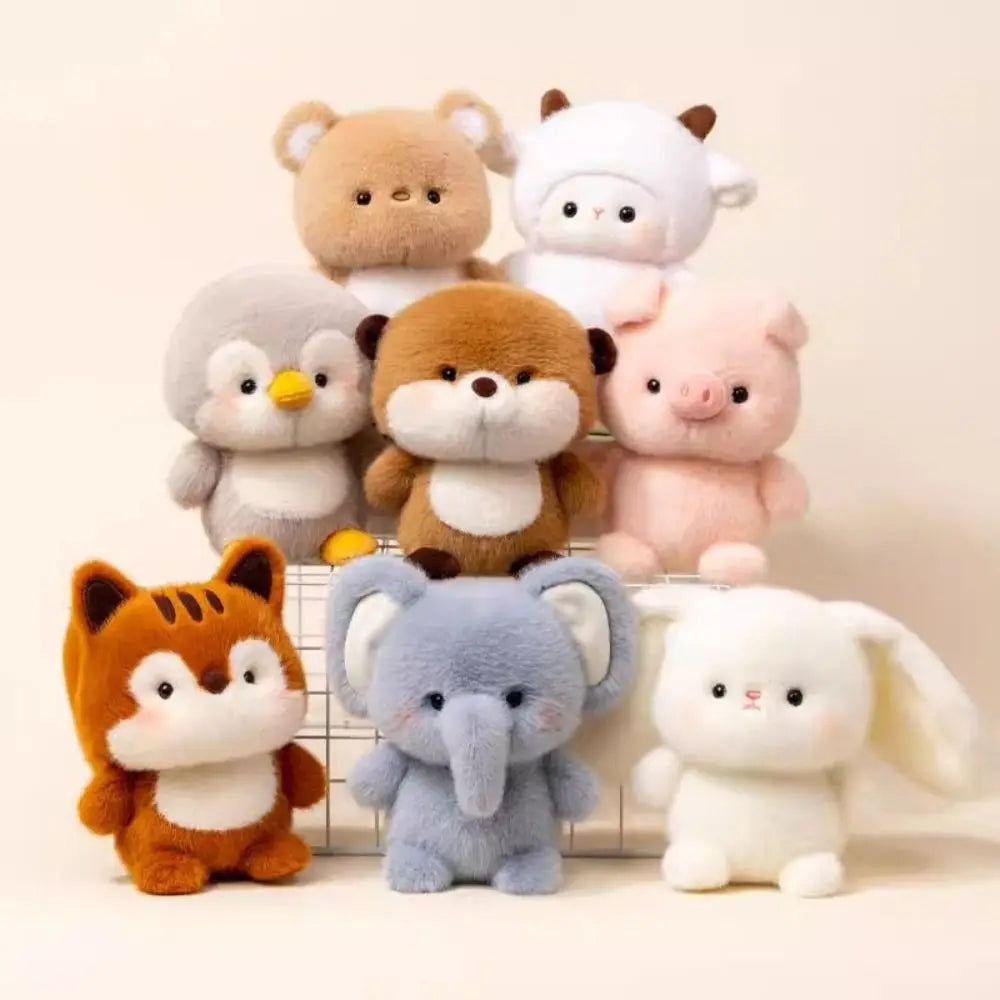 Collection of cute mini plush animals fox bear sheep penguin elephant bunny on shelf for Sleepy Buddies
