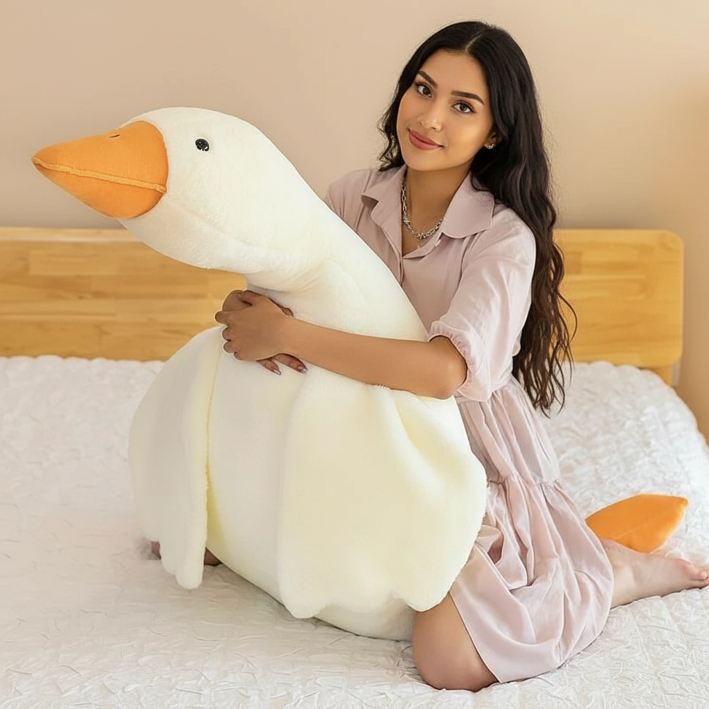 Sleeping woman cuddling giant white goose plush toys on cozy bed for Sleepy Buddies